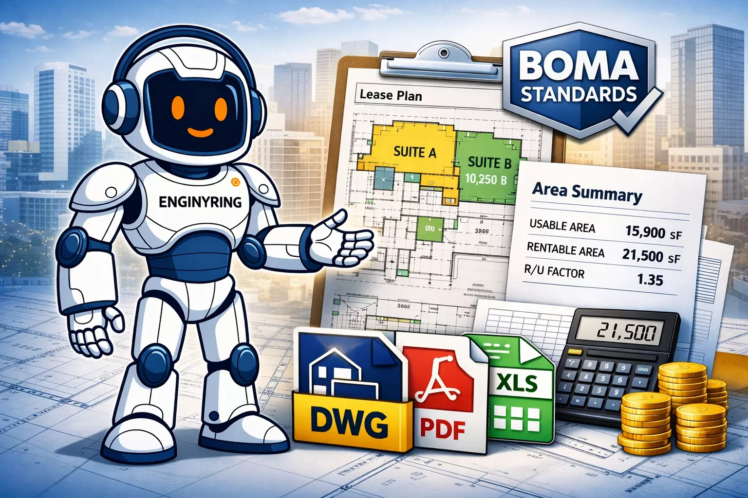 BOMA lease plans that hold up in negotiations: DWG + area schedule from scan data
